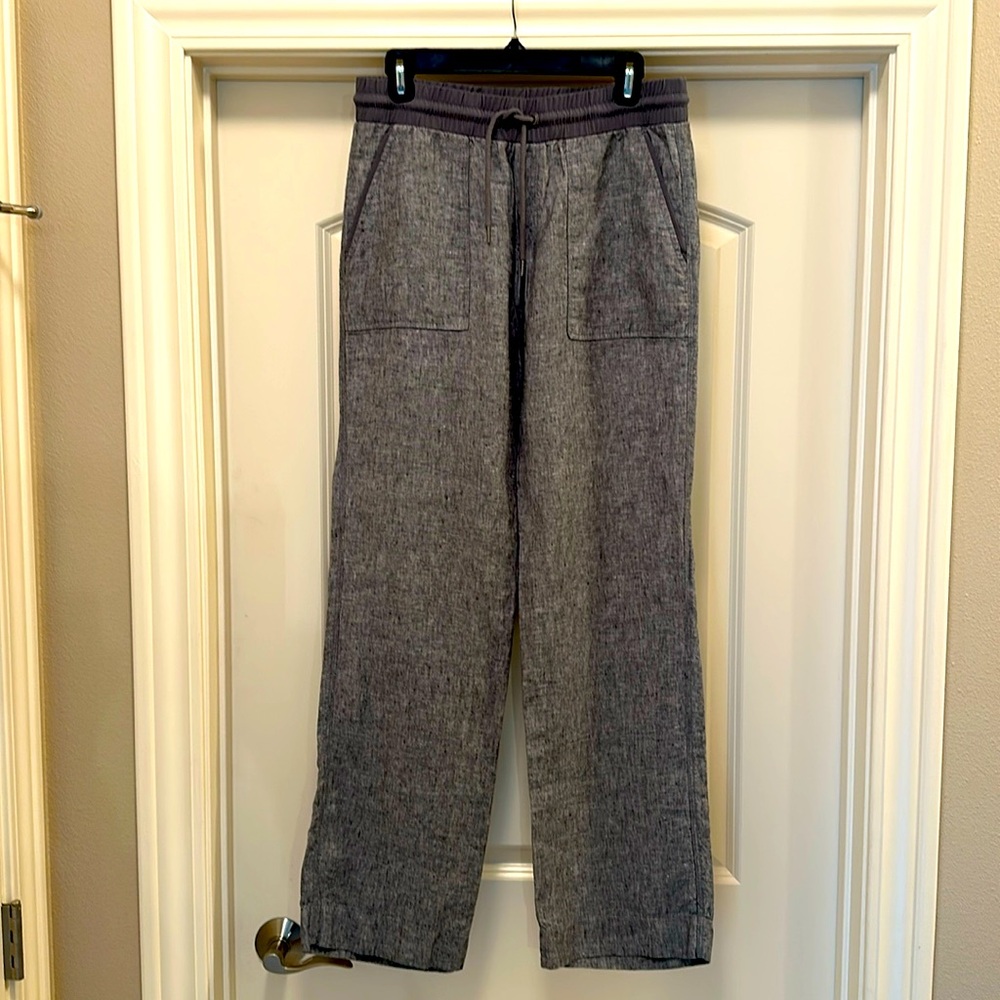 Athleta 8T 8 Tall Gray Linen Wide-Leg Pants with Drawstring Waist Long